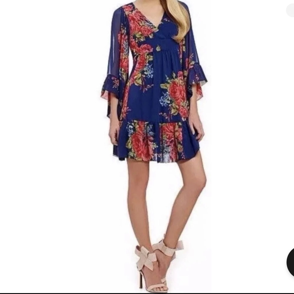 Betsey Johnson Royal Blue Floral Ruffle Flared Bell Long Sleeve V-Neck Dress
